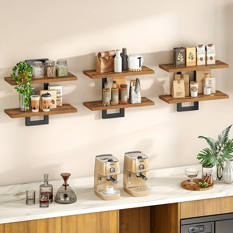 Wandgemonteerd Houten Plank met Metalen Beugels - 3-laags Open Opbergrek voor Badkamer en Keuken