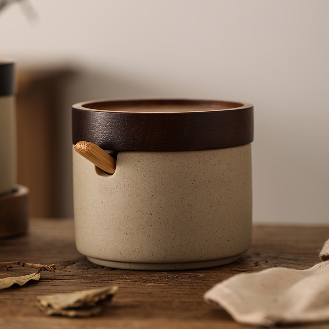 Japanse Stijl Aardewerk Kruidenpotjes met Deksel en Lepels – Mini Opslagcontainers voor Zout en Suiker