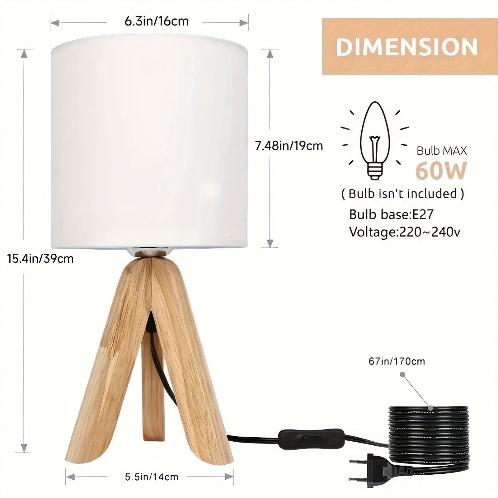 Minimalistische Tafellamp met Houten Tripod Basis en Stoffen Schaduw – Ideaal voor Slaapkamer en Kantoor