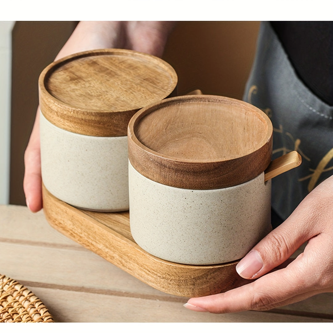 Japanse Stijl Aardewerk Kruidenpotjes met Deksel en Lepels – Mini Opslagcontainers voor Zout en Suiker