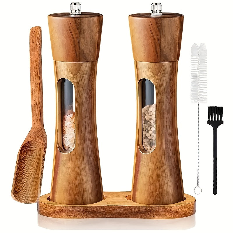 Houten Peper en Zout Molen Set – Handmatige Keuken Molens met Gratis Basis, Lepel en Borstel