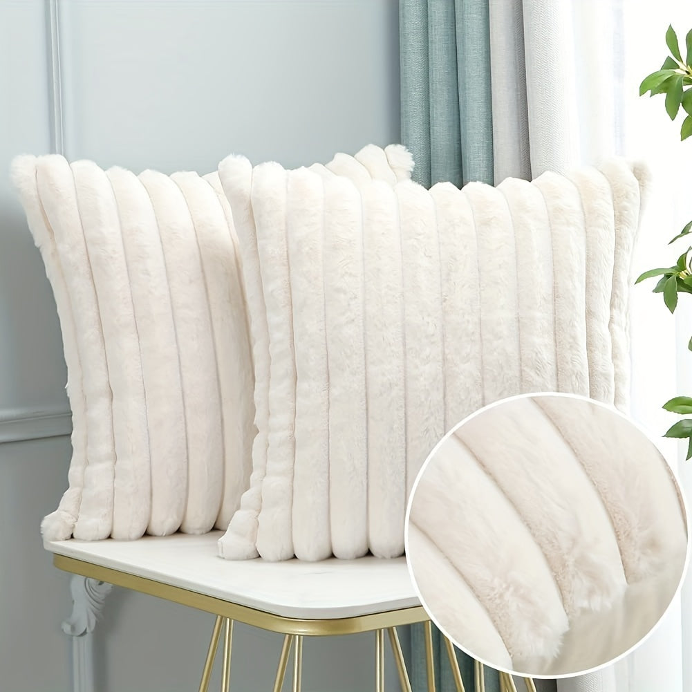 Set van 2 Zachte Decoratieve Kussenhoezen met Gestreept Design – Crème Wit Polyester