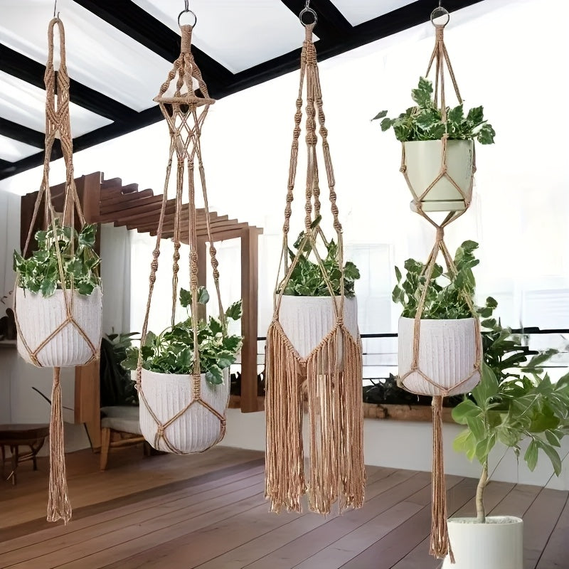 Handgeweven Macramé Plantenhangers Set van 5 – Boheemse Stijl voor Binnen en Buiten met Kwastdecoratie