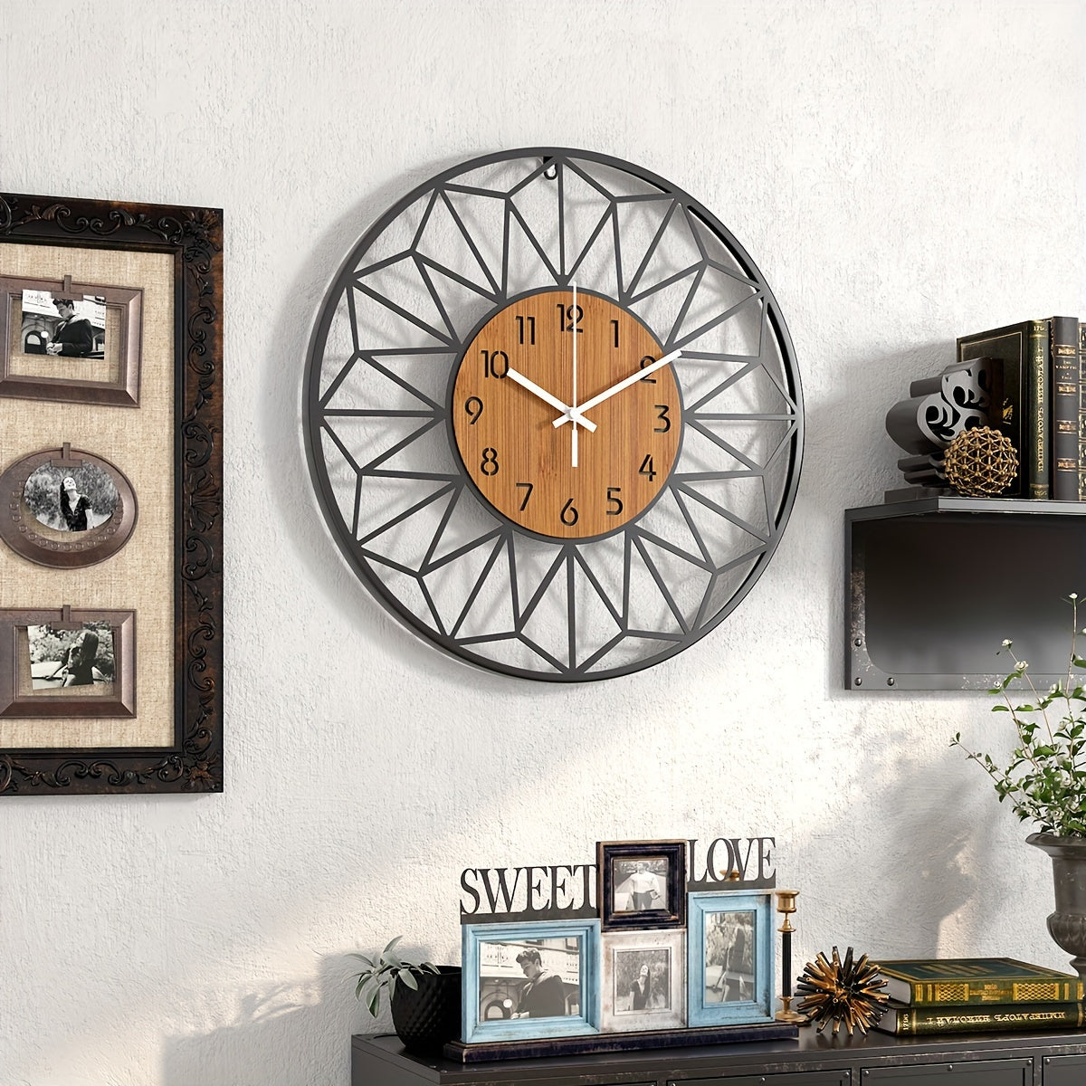 Stille Metalen Wandklok met Houtkorrelontwerp – Verkrijgbaar in 12/14/16 Inch voor Woonkamer en Slaapkamer