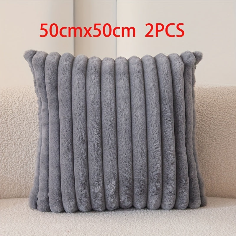 Set van 2 Zachte Decoratieve Kussenhoezen met Gestreept Design – Crème Wit Polyester