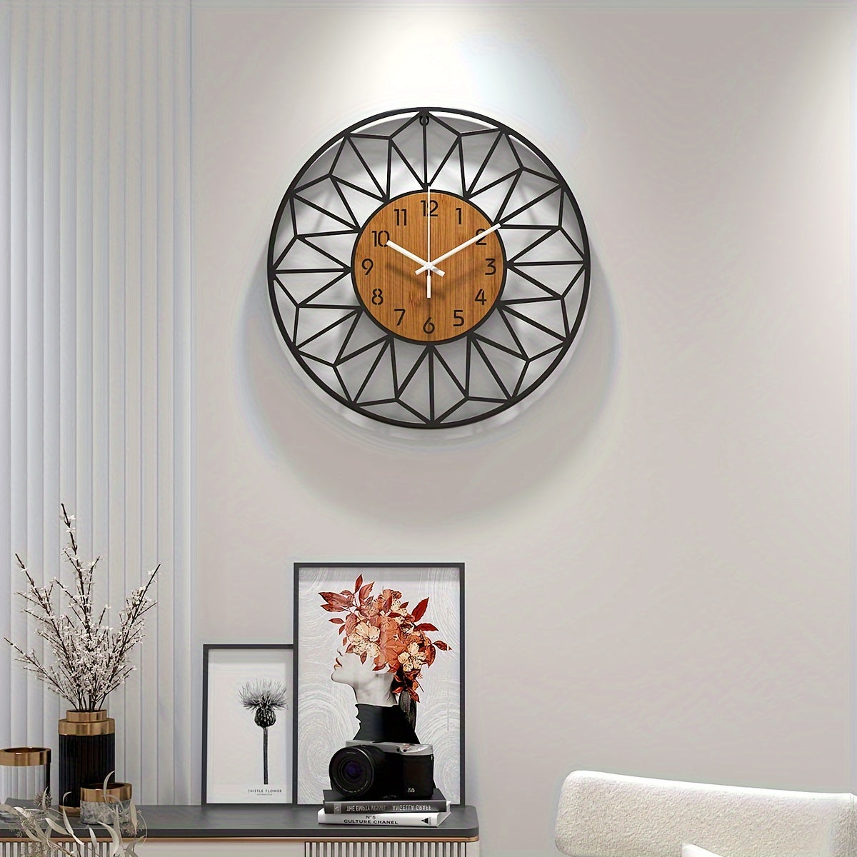 Stille Metalen Wandklok met Houtkorrelontwerp – Verkrijgbaar in 12/14/16 Inch voor Woonkamer en Slaapkamer