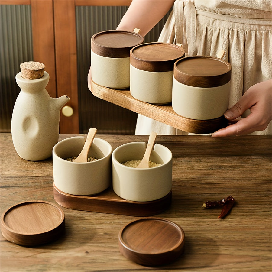 Japanse Stijl Aardewerk Kruidenpotjes met Deksel en Lepels – Mini Opslagcontainers voor Zout en Suiker