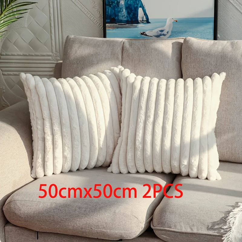 Set van 2 Zachte Decoratieve Kussenhoezen met Gestreept Design – Crème Wit Polyester
