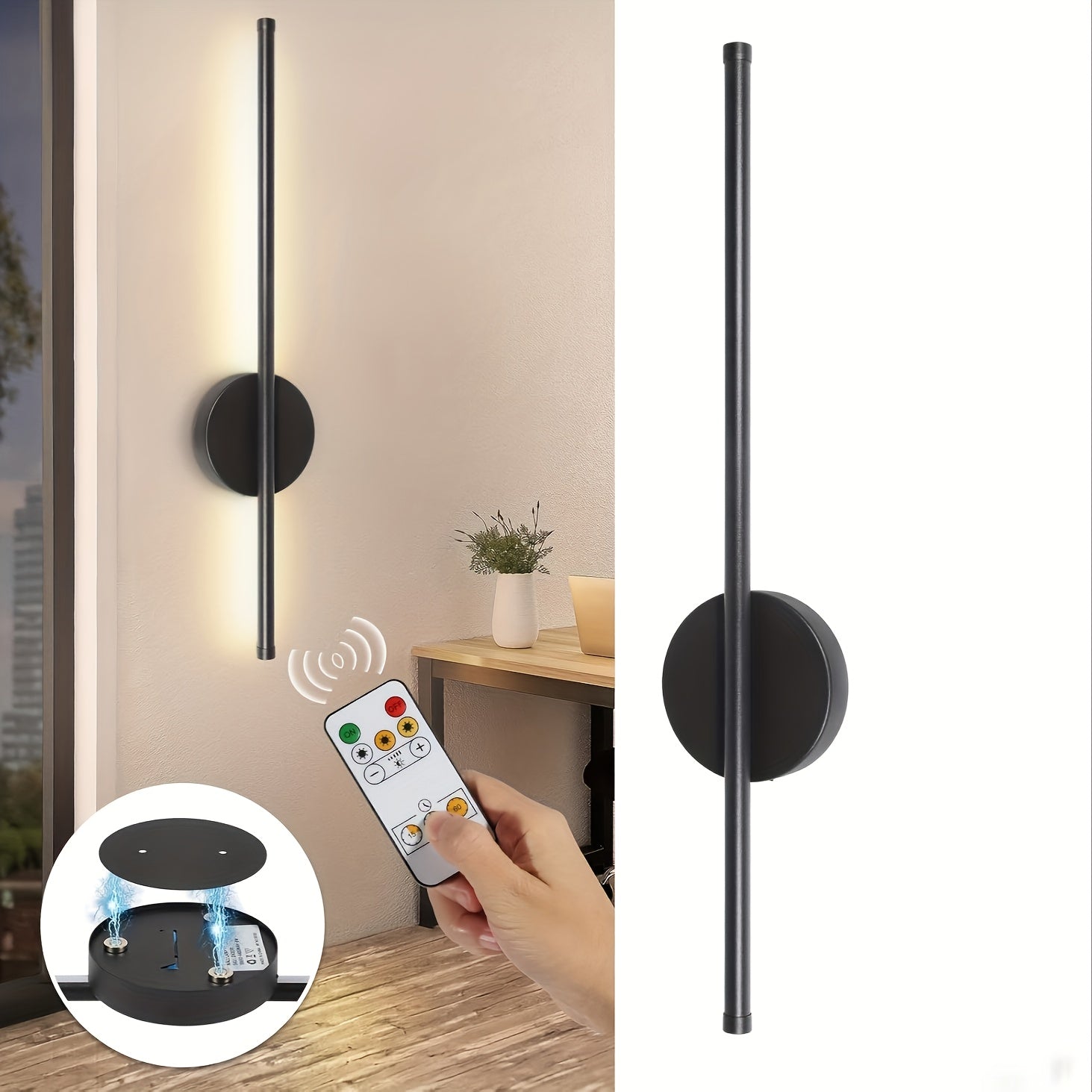 Moderne Wandlamp Zwart met Afstandsbediening en Dimbaar 3-Kleuren Licht – Draadloze Muurlamp voor Binnengebruik
