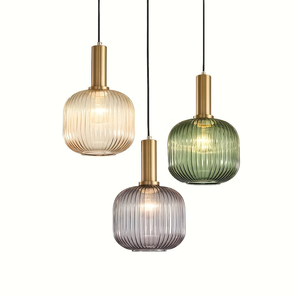 Moderne Boerderijstijl Hanglamp met Gestreepte Glaslampen en Gouden Afwerking - Semi Flush Mount