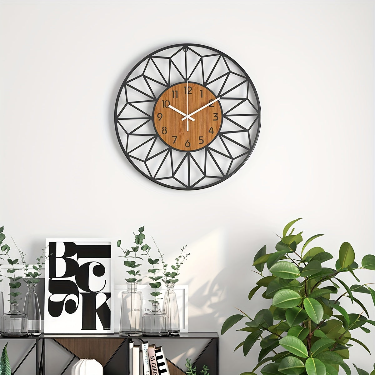 Stille Metalen Wandklok met Houtkorrelontwerp – Verkrijgbaar in 12/14/16 Inch voor Woonkamer en Slaapkamer
