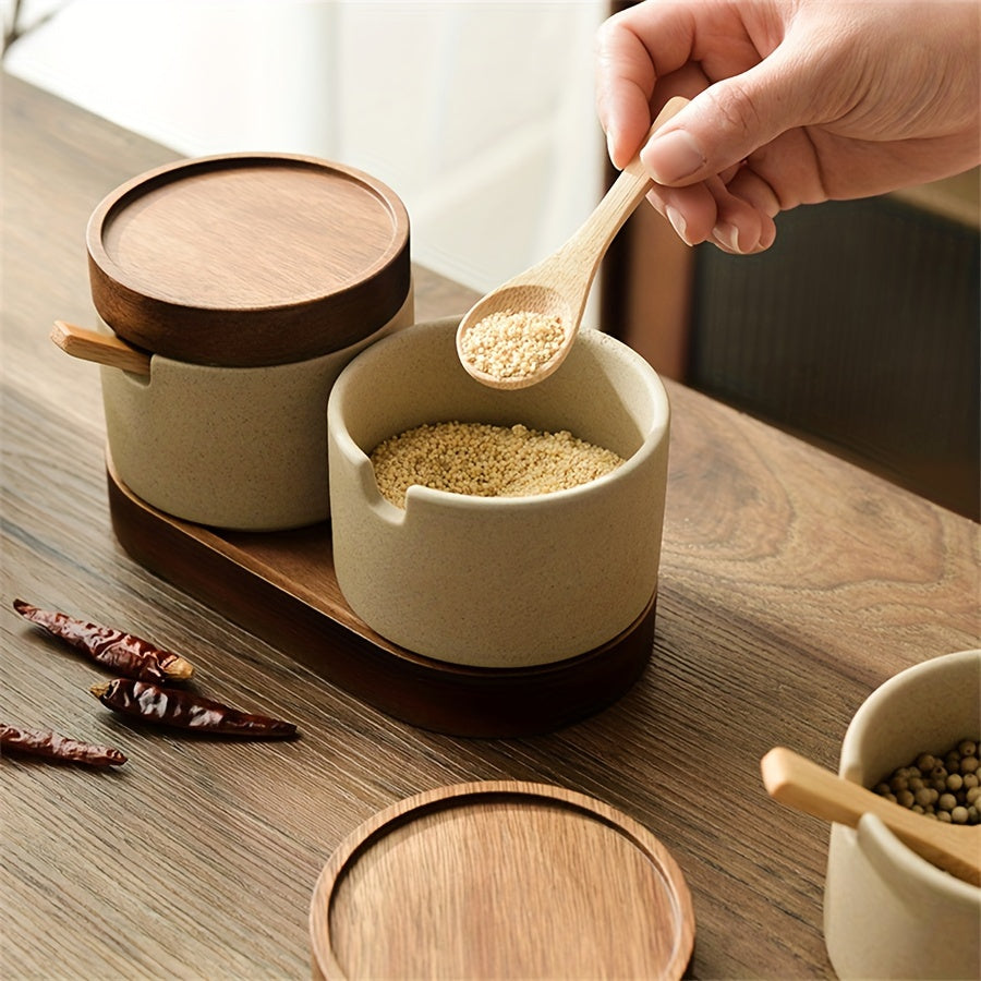 Japanse Stijl Aardewerk Kruidenpotjes met Deksel en Lepels – Mini Opslagcontainers voor Zout en Suiker