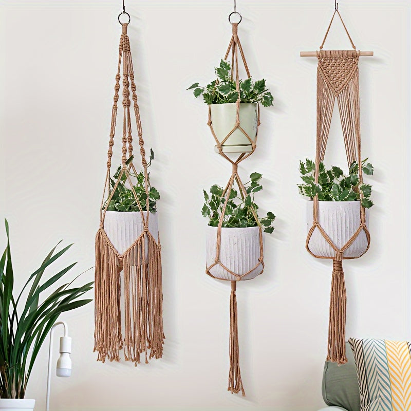 Handgeweven Macramé Plantenhangers Set van 5 – Boheemse Stijl voor Binnen en Buiten met Kwastdecoratie