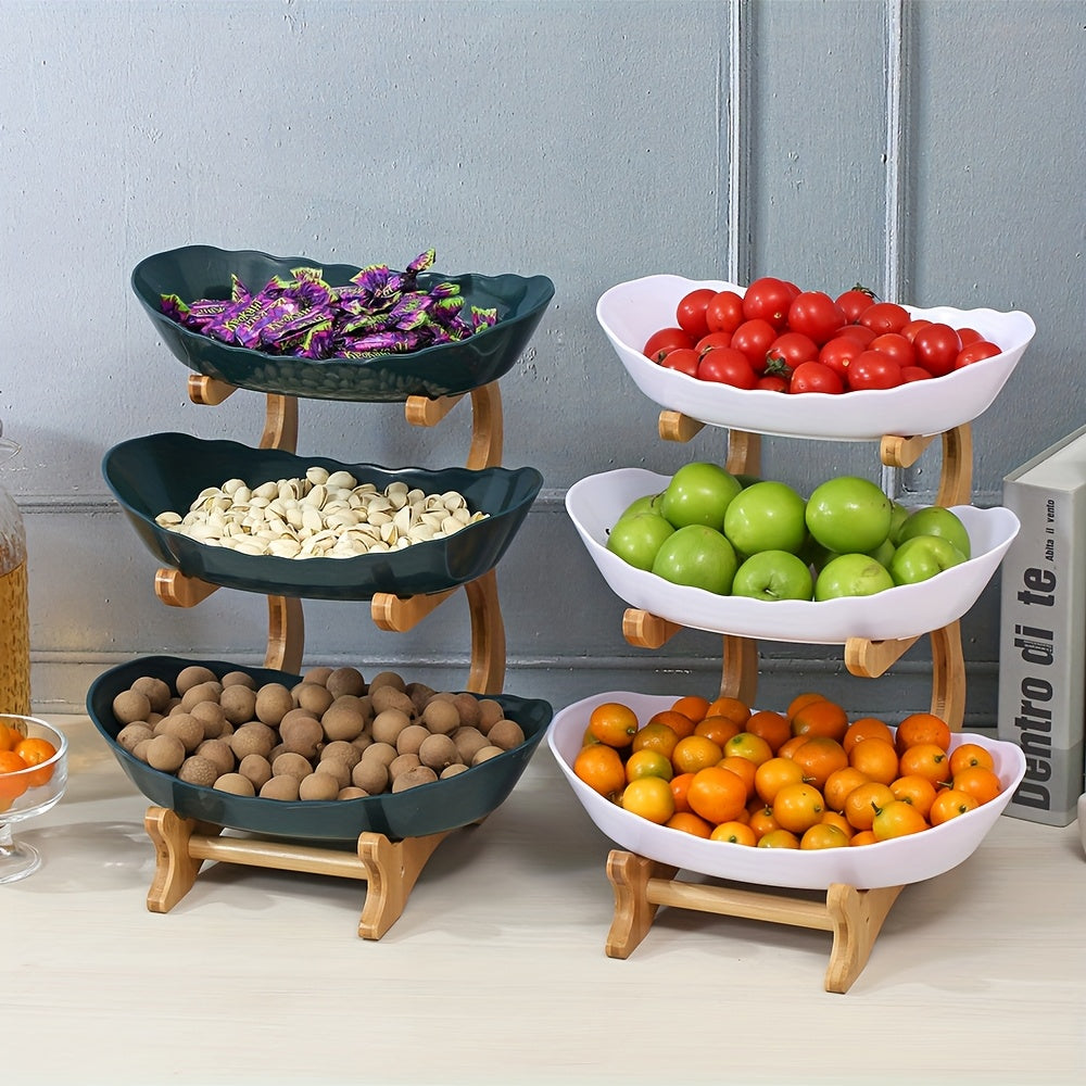 Een set creatieve twee-laags/drie-laags keuken fruitmand grote capaciteit laag fruitmand Europese stijl gedroogd fruit tray bamboe houten rek huishoudelijk snack tray snoep tray fruitmand