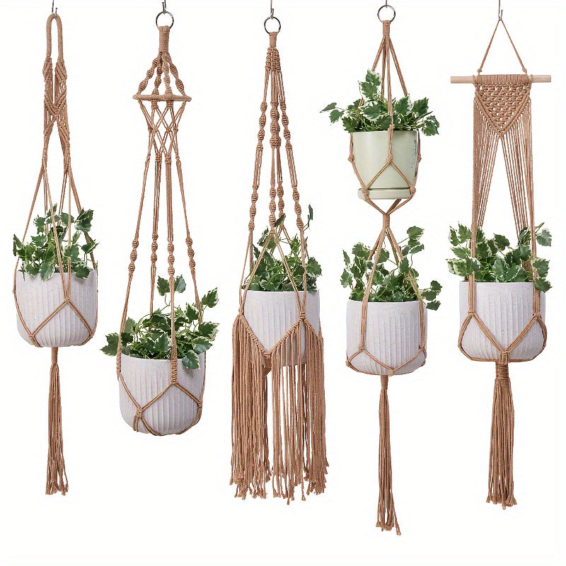 Handgeweven Macramé Plantenhangers Set van 5 – Boheemse Stijl voor Binnen en Buiten met Kwastdecoratie