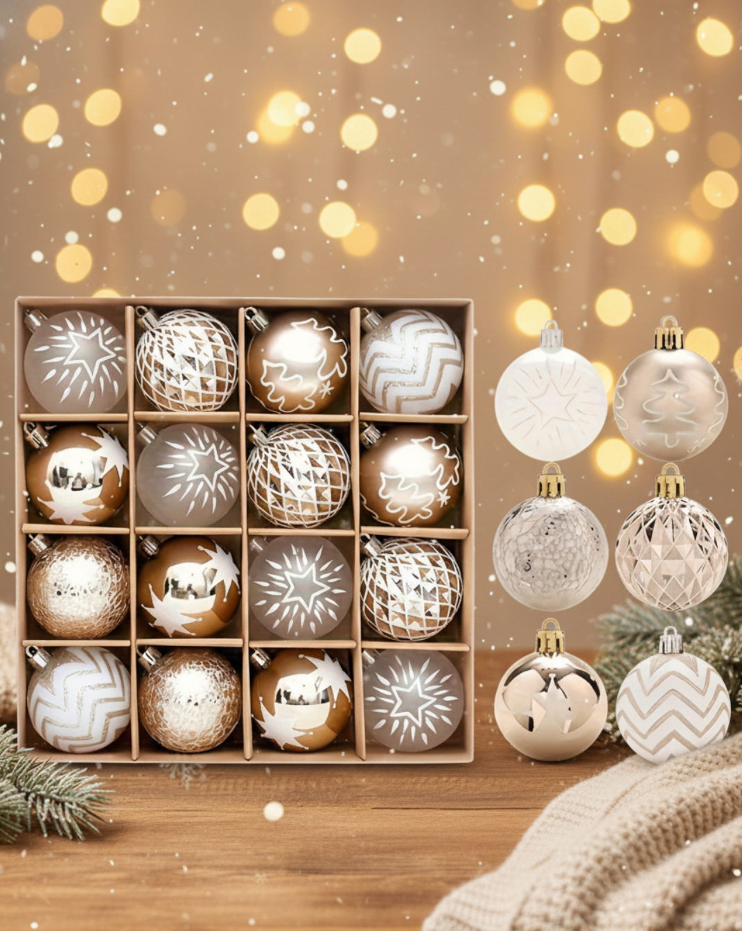 champagne-goud-wit kerstballen set - 16st