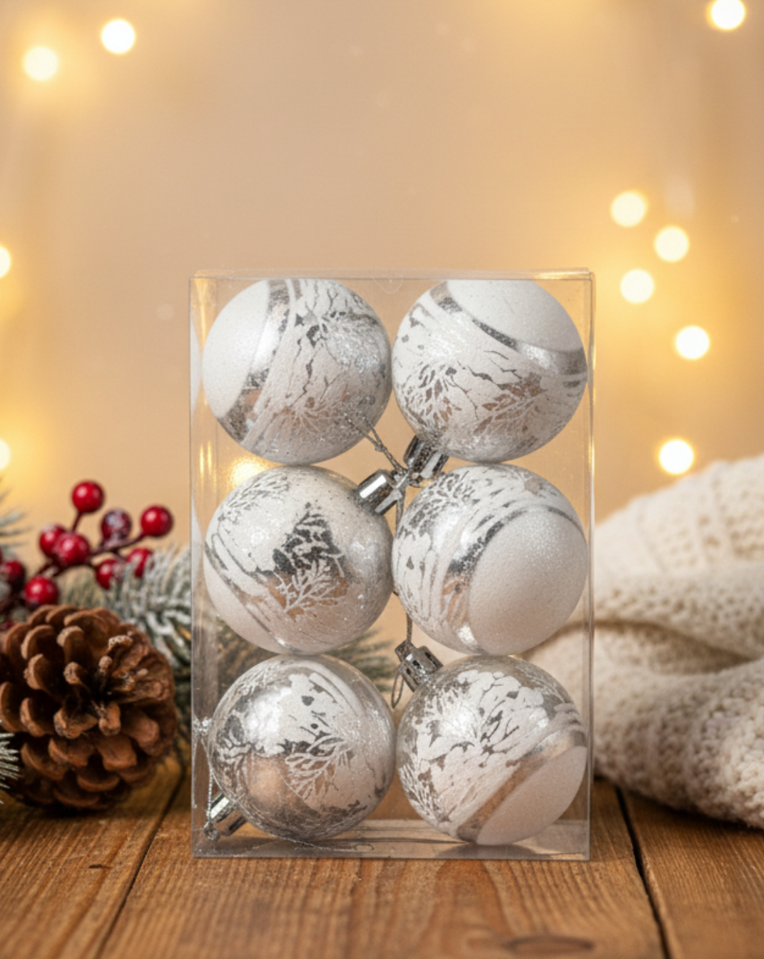 Plastic Kerstballen Set – Sneeuw-Design (6 stuks)