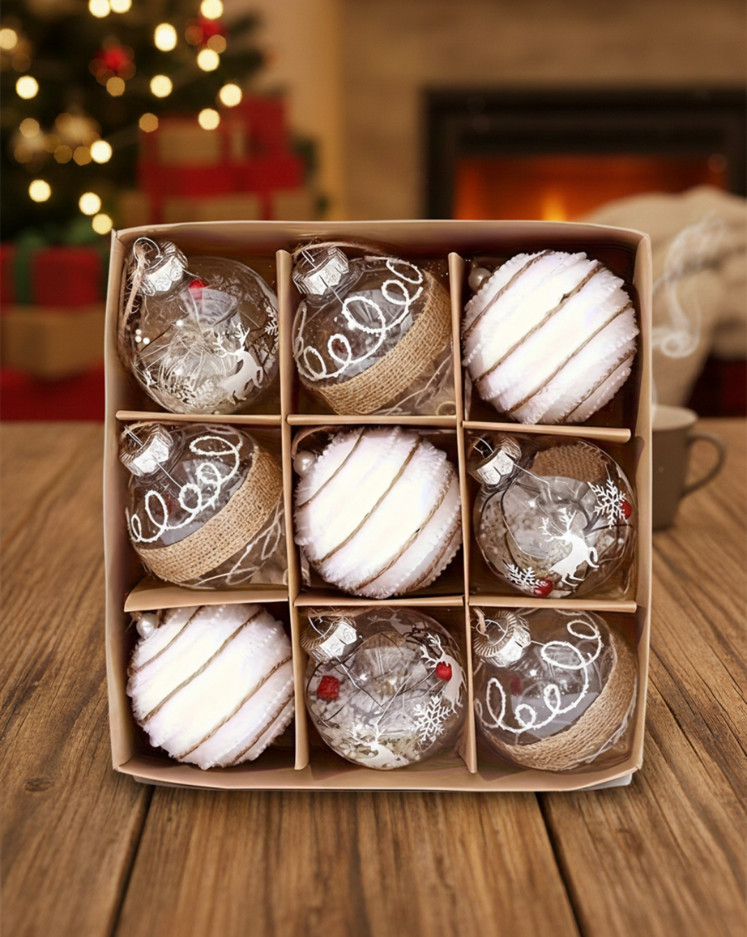 Set 9 moderne kerstballen Ø 8cm in gebreid-design