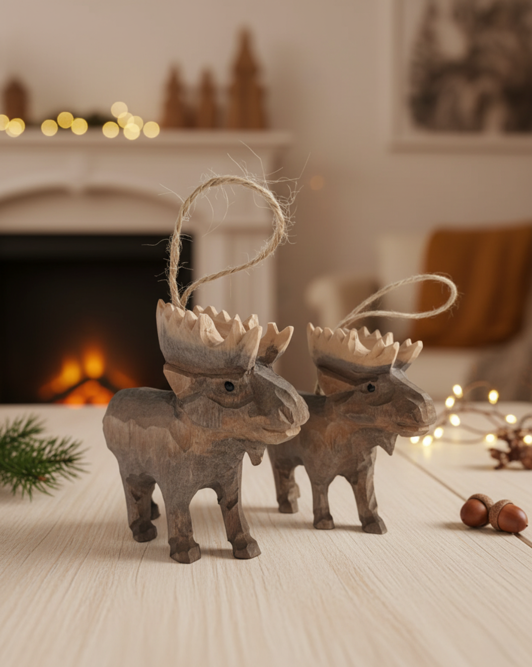 Handgesneden Houten Eland-Ornament – Authentiek & Natuurlijke Kerstsfeer