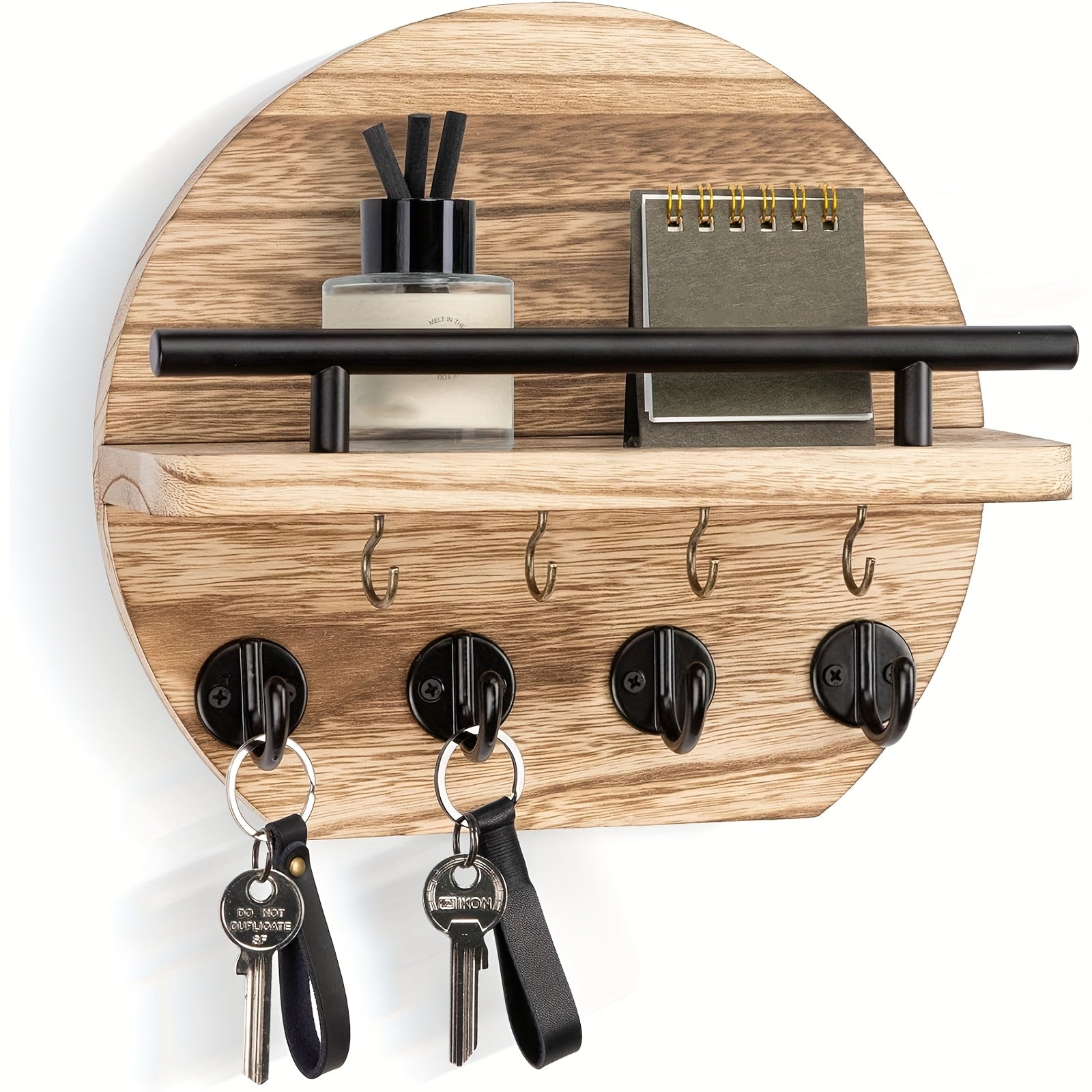 Houten Sleutelhoofd met Plank en 8 Haken - Rustieke Muurorganizer voor Sleutels en Accessoires