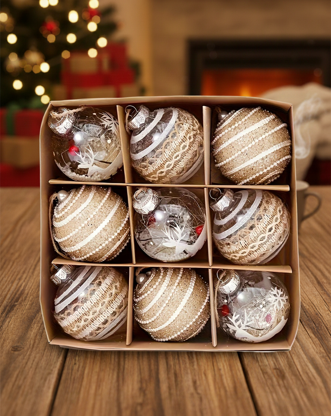 Set 9 moderne kerstballen Ø 8cm in gebreid-design