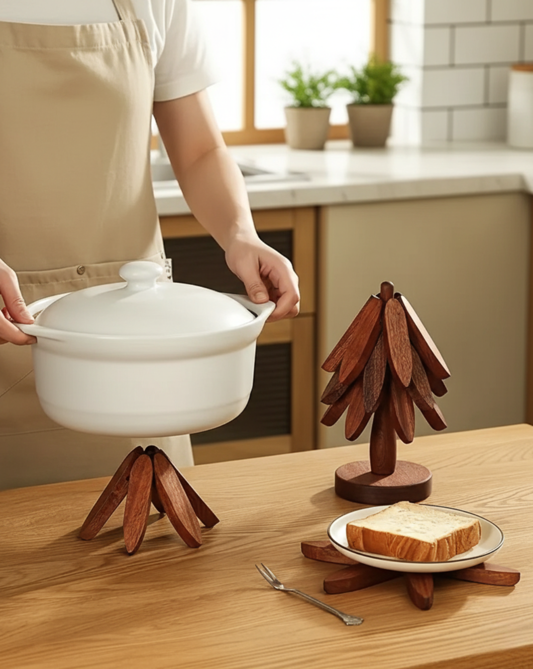 massief Houten onderzetters set - kerstboom stijl