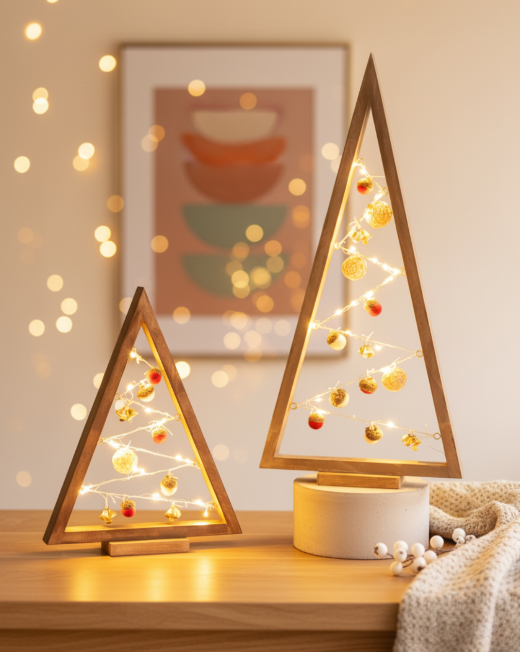 Triangle houten kerstboom met ornamenten – stil en stijlvol kerstdecor