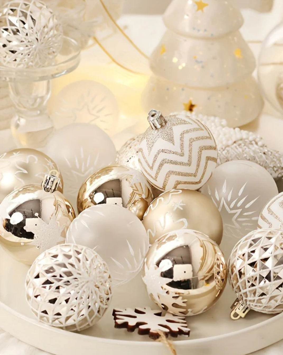 champagne-goud-wit kerstballen set - 16st