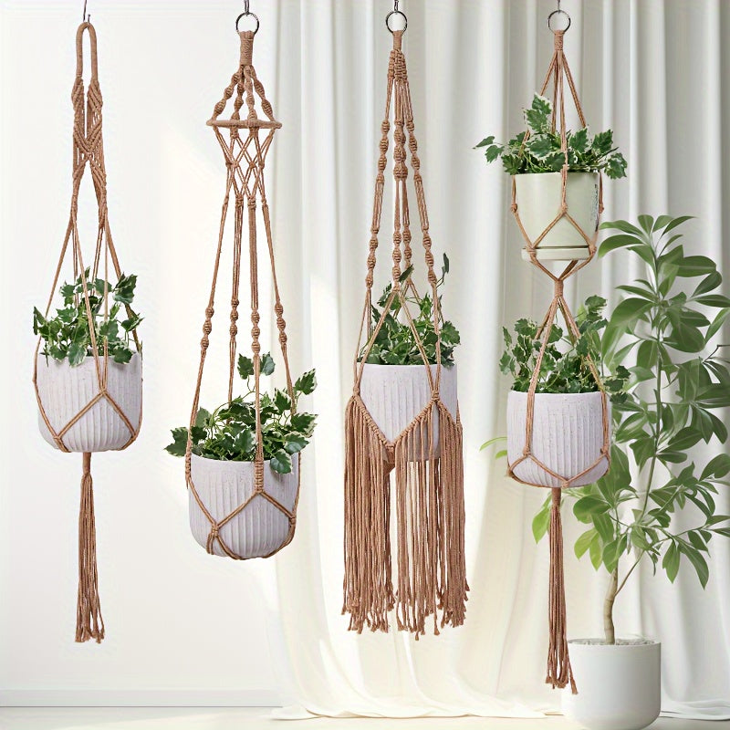 Handgeweven Macramé Plantenhangers Set van 5 – Boheemse Stijl voor Binnen en Buiten met Kwastdecoratie
