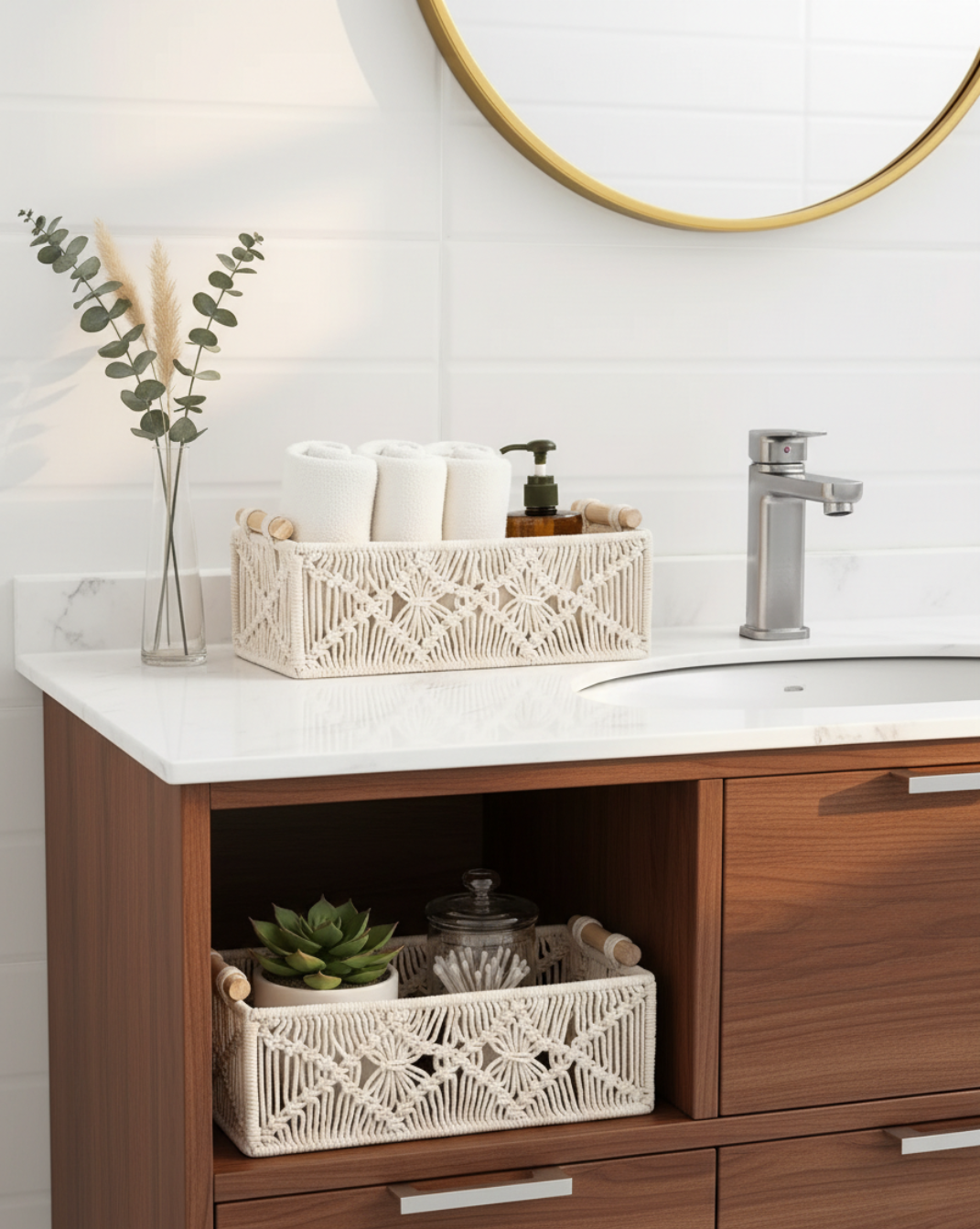 Boho Opbergmandjes Set (2 stuks) – Gevlochten Organizer met Houten Handvatten