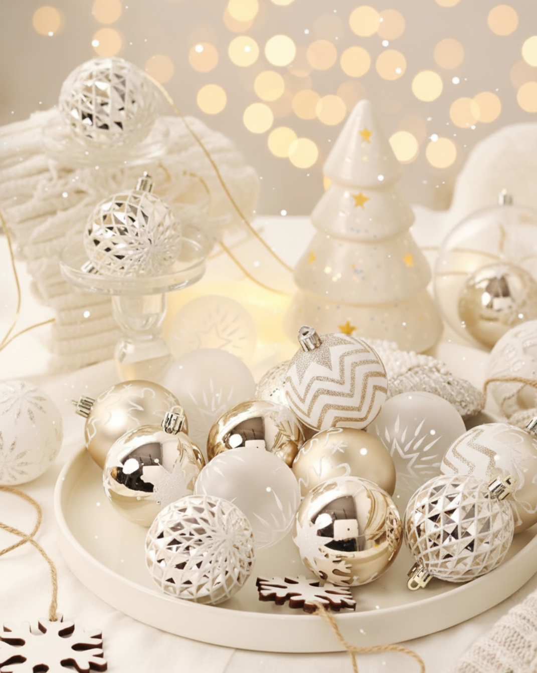 champagne-goud-wit kerstballen set - 16st