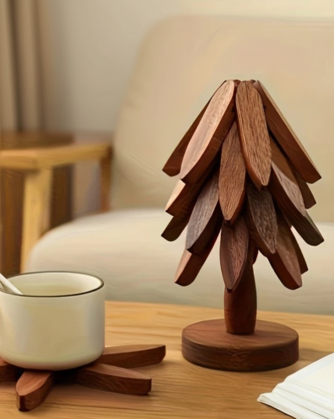 massief Houten onderzetters set - kerstboom stijl