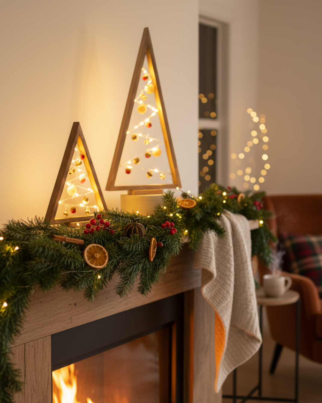 Triangle houten kerstboom met ornamenten – stil en stijlvol kerstdecor