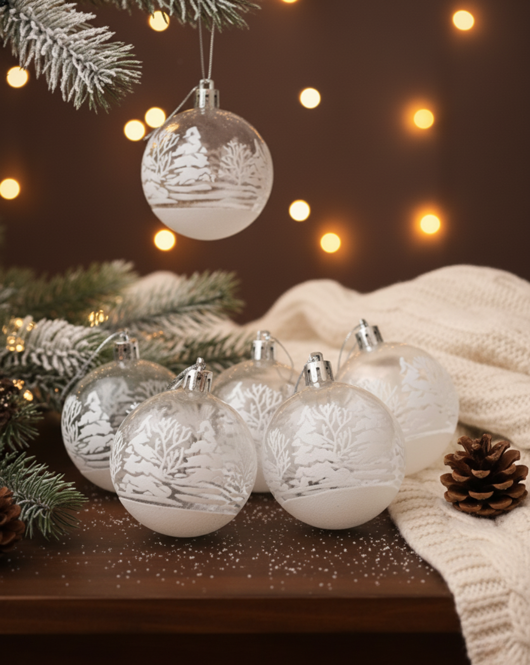 Plastic Kerstballen Set – Sneeuw-Design (6 stuks)