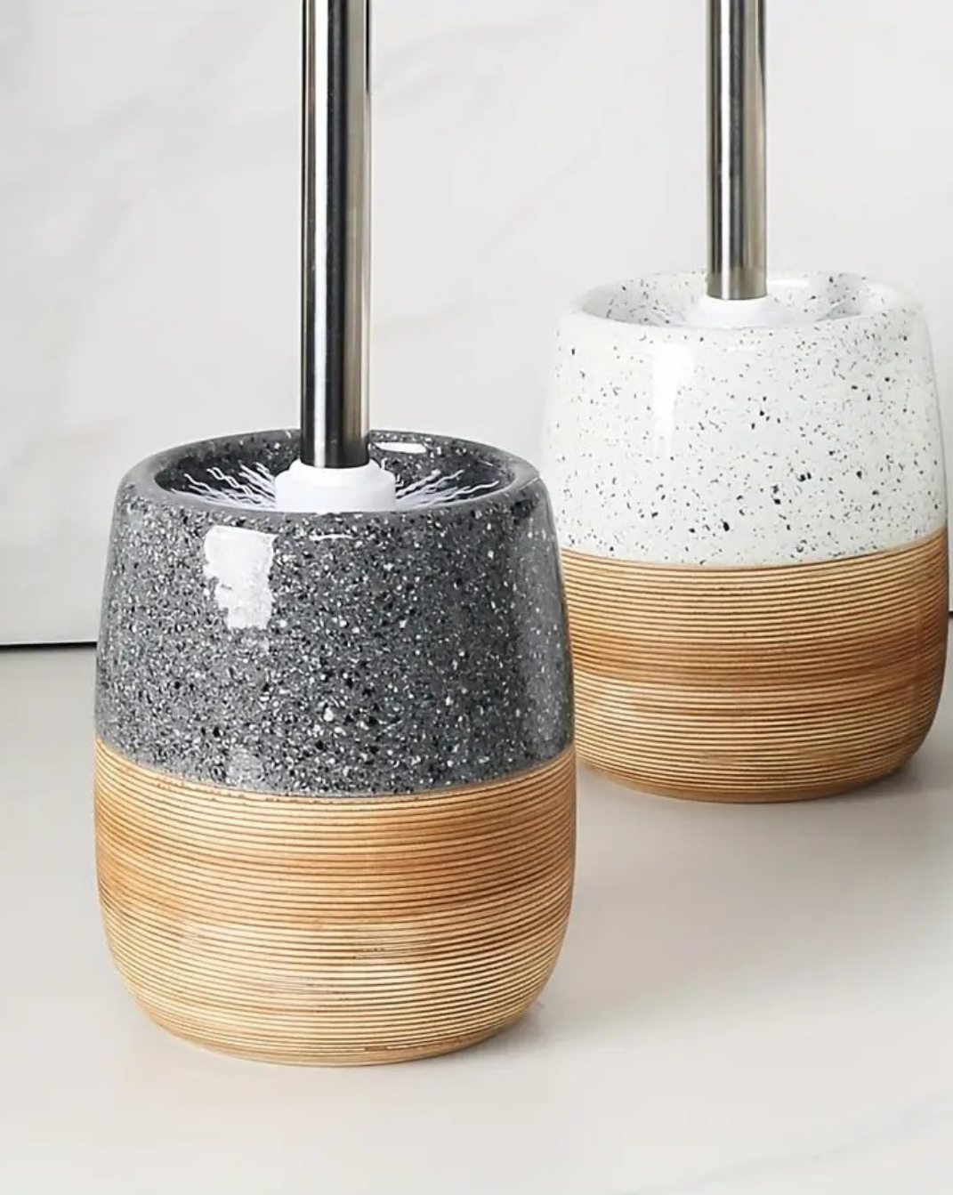 Keramische Toiletborstelset met Houten Textuurbasis — Stijlvolle Badkameraccessoire - Maison Roze