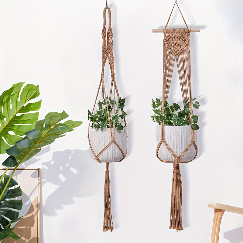 Handgeweven Macramé Plantenhangers Set van 5 – Boheemse Stijl voor Binnen en Buiten met Kwastdecoratie