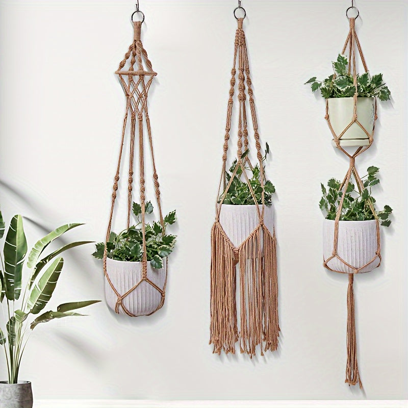 Handgeweven Macramé Plantenhangers Set van 5 – Boheemse Stijl voor Binnen en Buiten met Kwastdecoratie