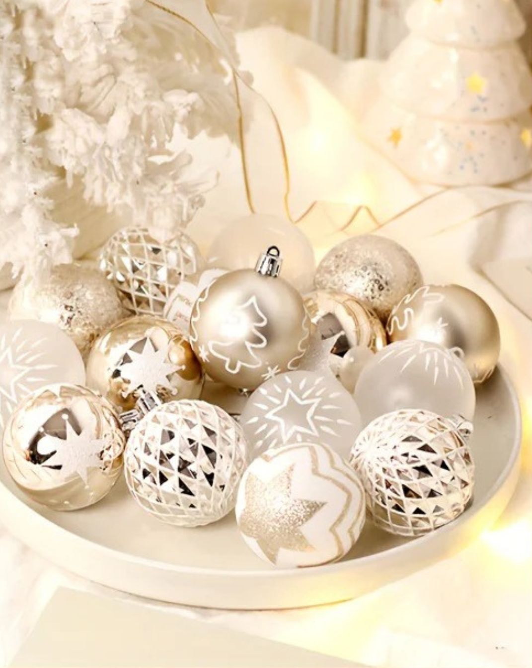 champagne-goud-wit kerstballen set - 16st