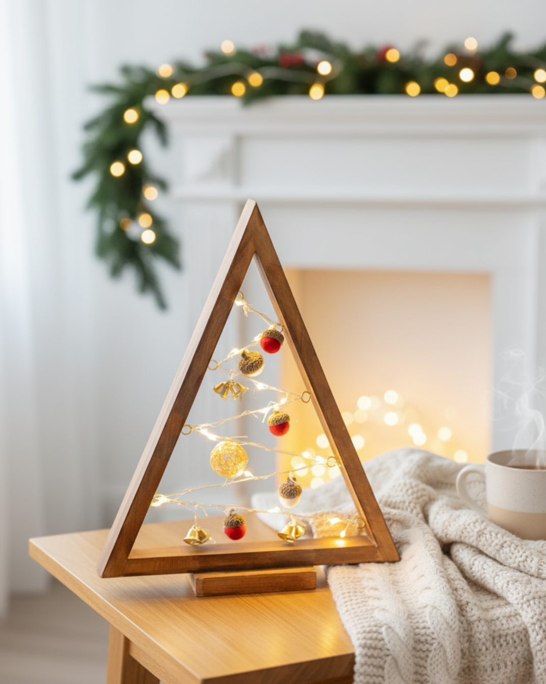 Triangle houten kerstboom met ornamenten – stil en stijlvol kerstdecor