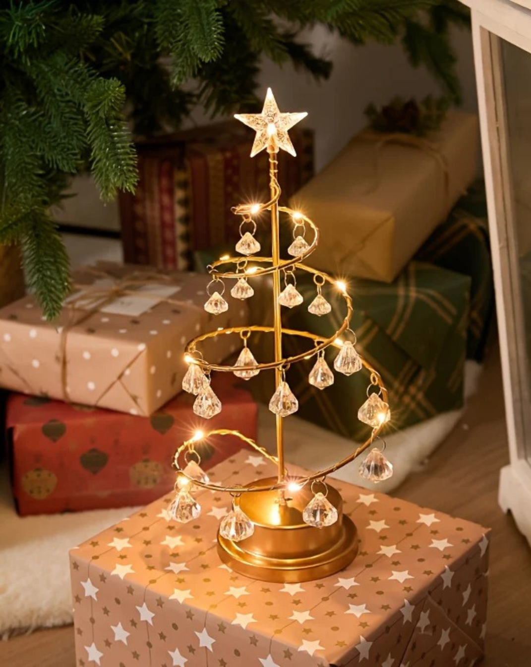 Koperdraad Kerstboom Nachtlampje – Kristal Hangornament