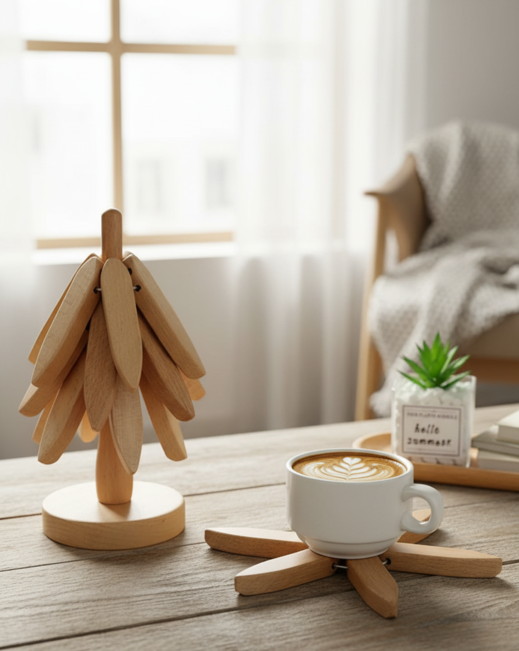 massief Houten onderzetters set - kerstboom stijl
