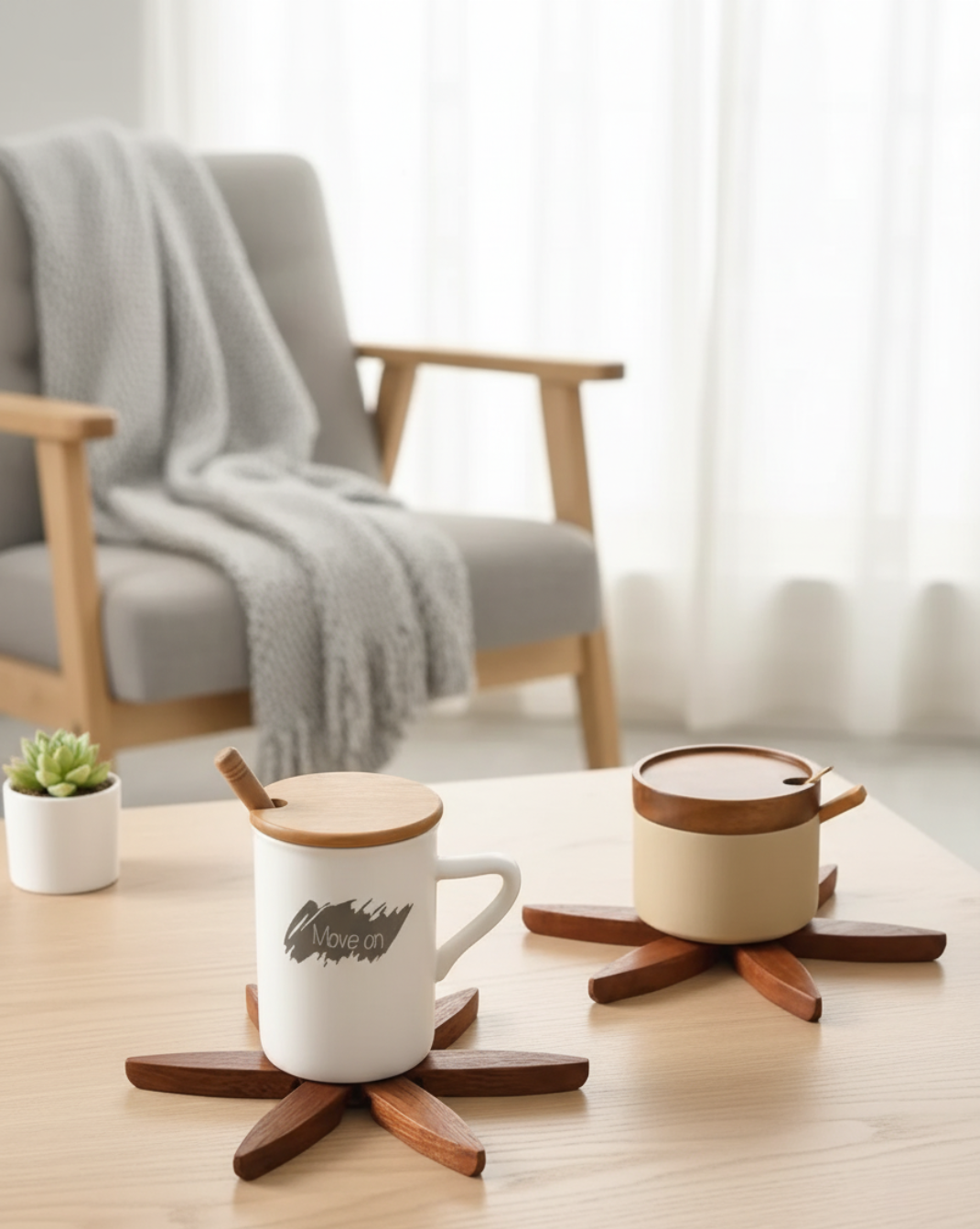 massief Houten onderzetters set - kerstboom stijl