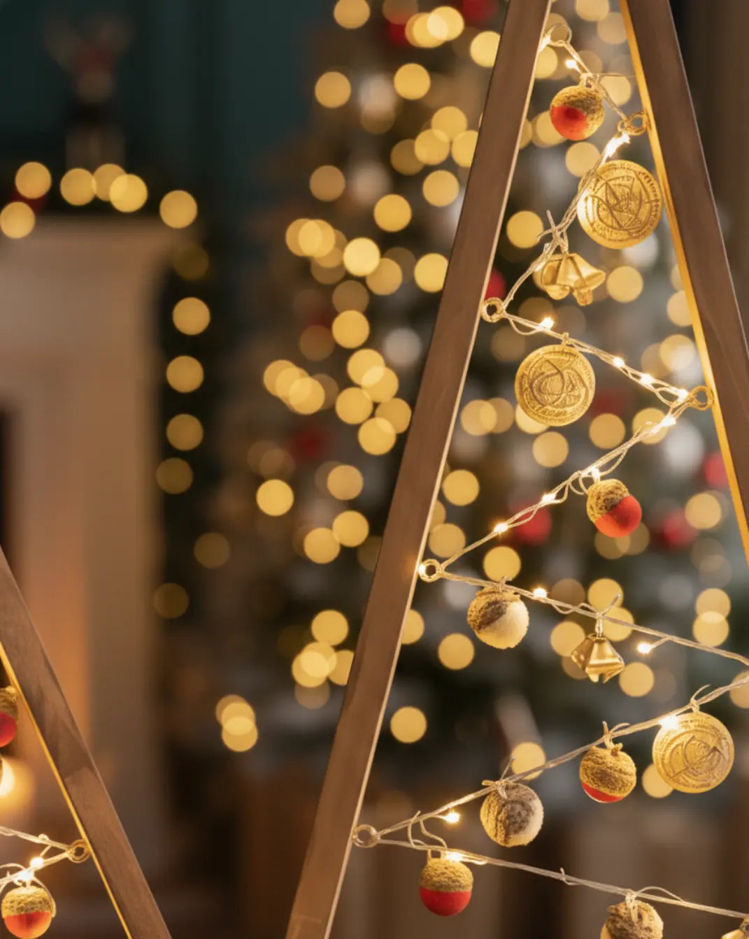 Triangle houten kerstboom met ornamenten Maison Roze