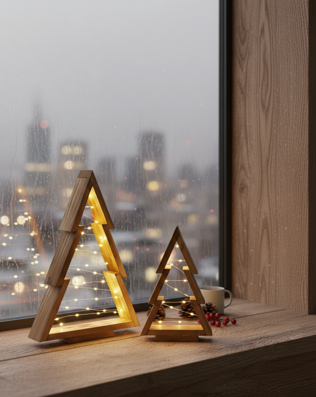 Minimalistische houten kerstboom set - ingebouwde LED-verlichting