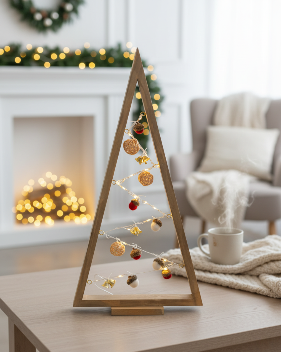 Triangle houten kerstboom met ornamenten – stil en stijlvol kerstdecor