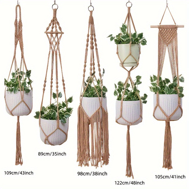 Handgeweven Macramé Plantenhangers Set van 5 – Boheemse Stijl voor Binnen en Buiten met Kwastdecoratie