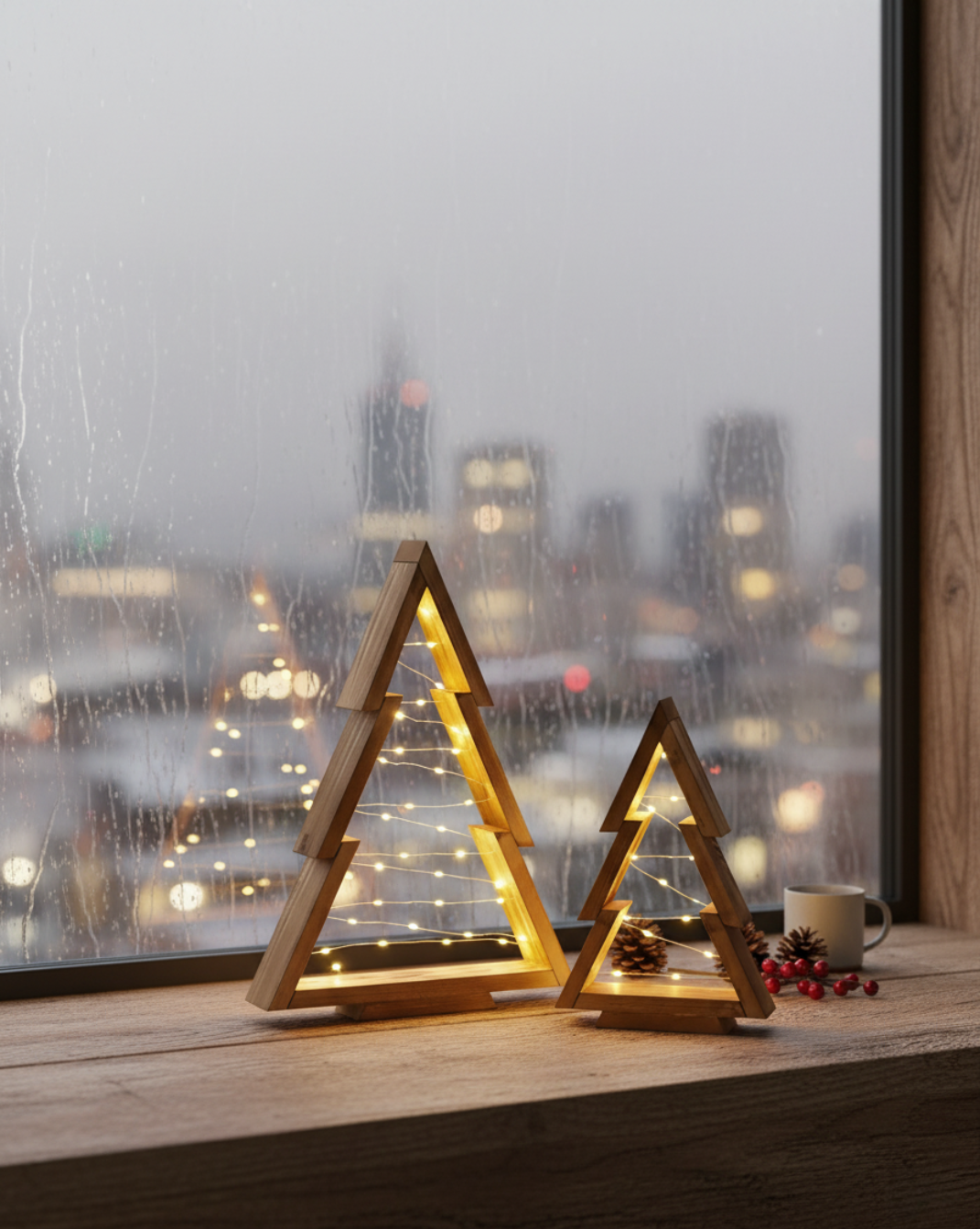 Minimalistische houten kerstboom set - ingebouwde LED-verlichting