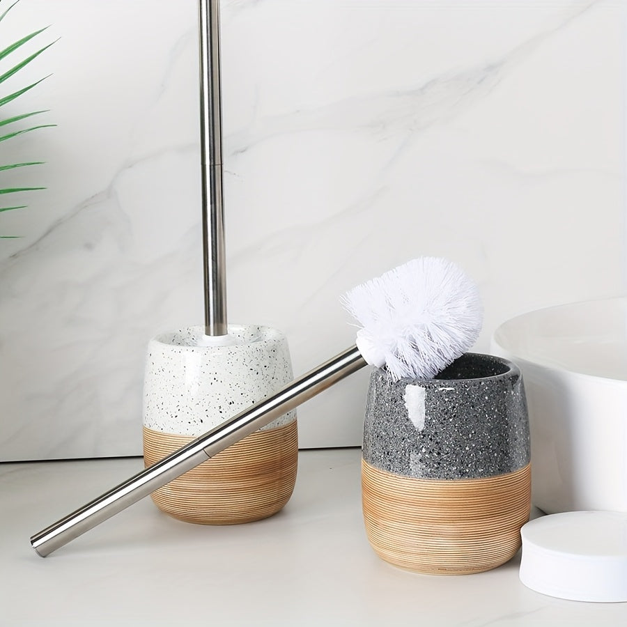 Keramische Toiletborstelset met Houten Basis en Roestvrijstalen Handvat - Zachte Borstel voor Diepe Reiniging