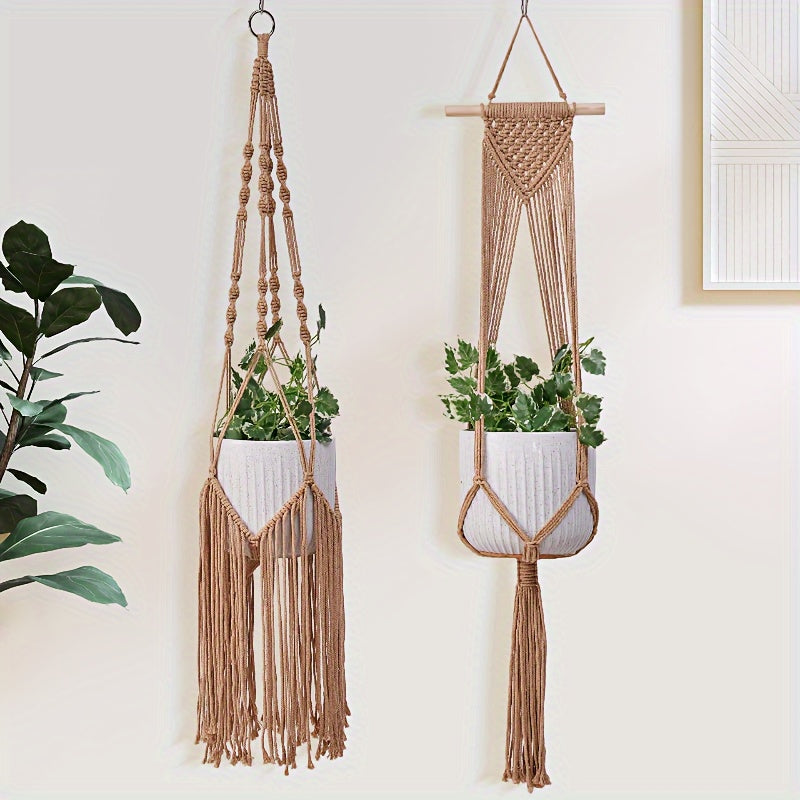 Handgeweven Macramé Plantenhangers Set van 5 – Boheemse Stijl voor Binnen en Buiten met Kwastdecoratie