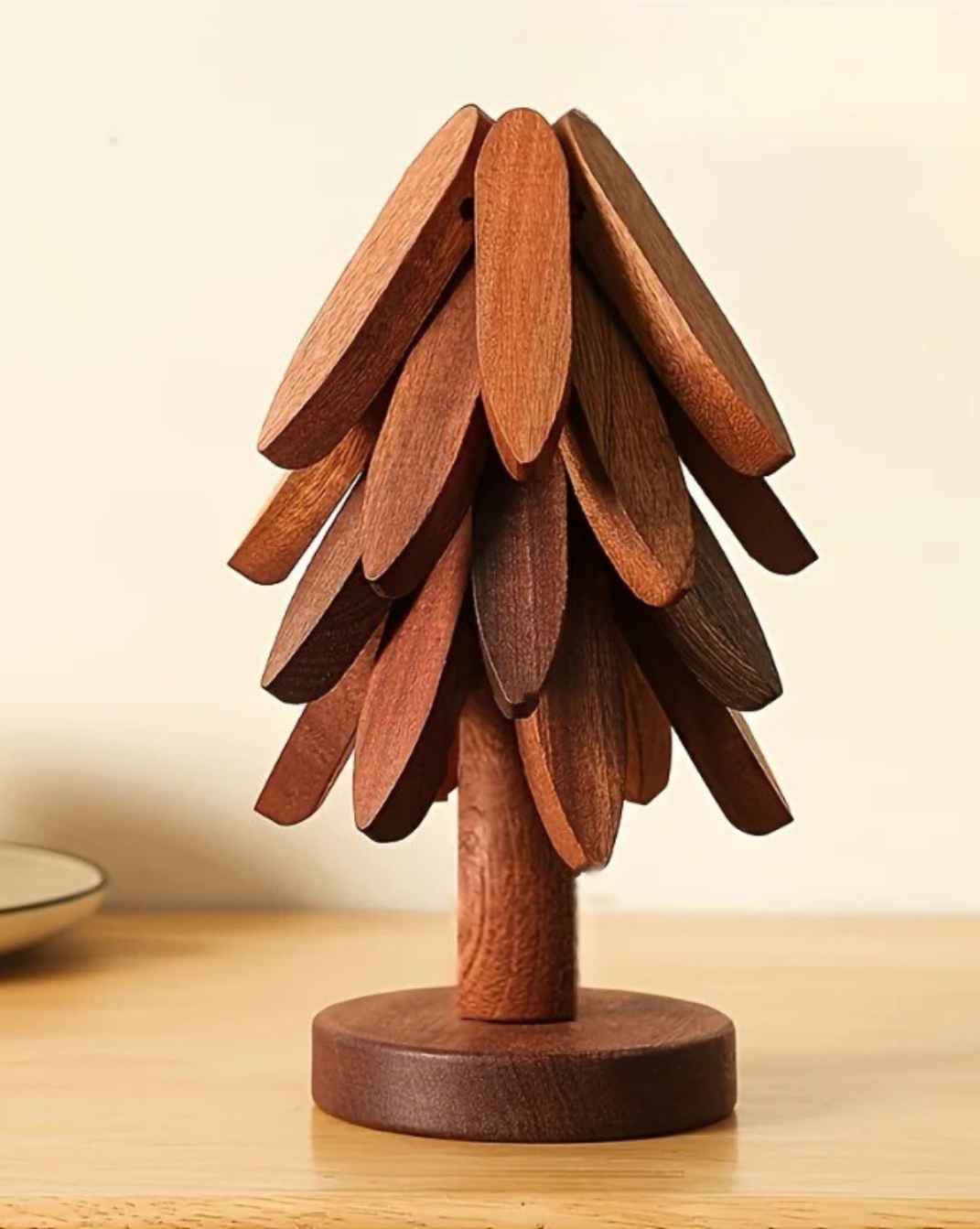 massief Houten onderzetters set - kerstboom stijl